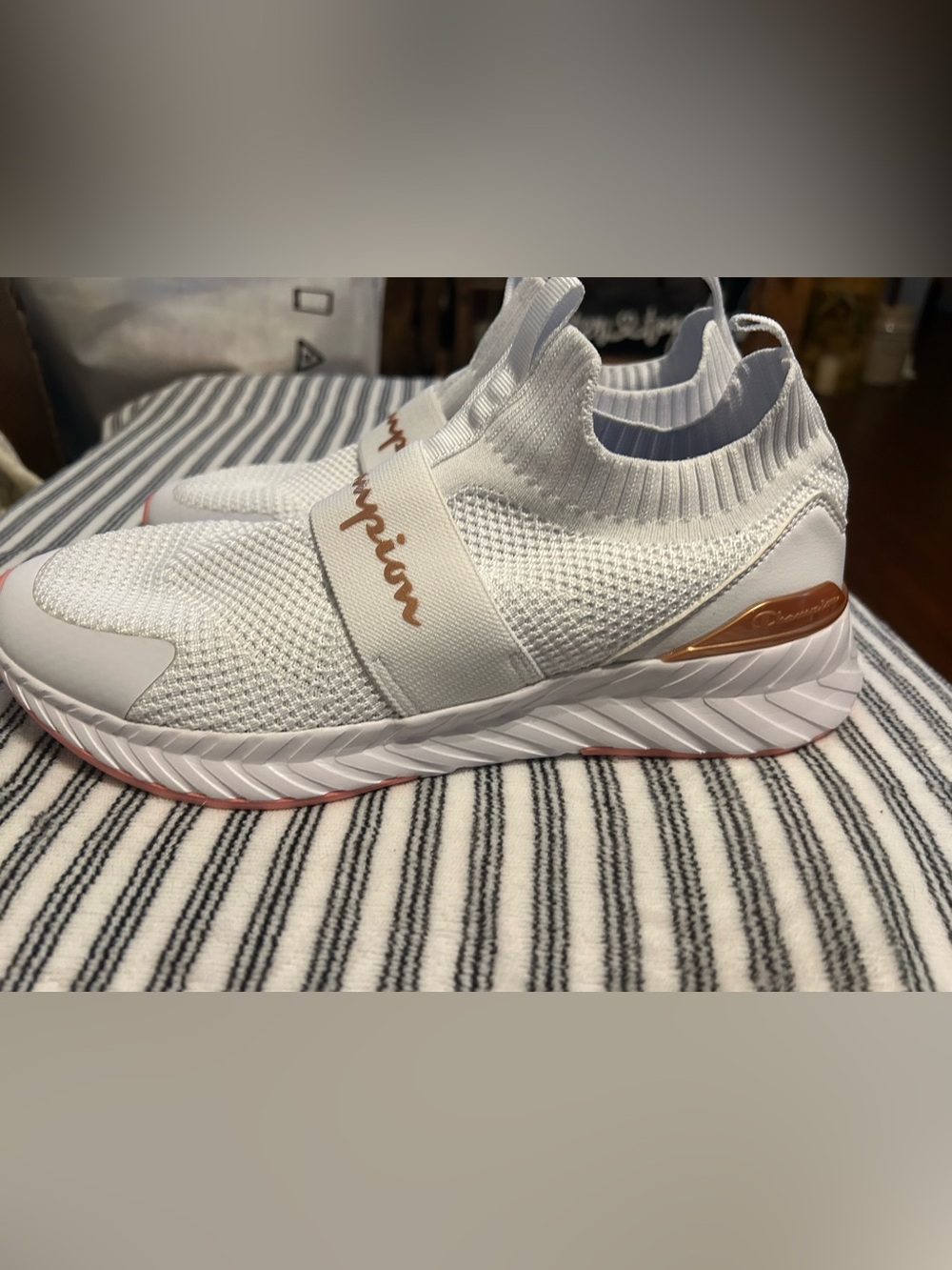 Champion Women’s White Knit Slip-On Sneakers with Rose Gold Accents